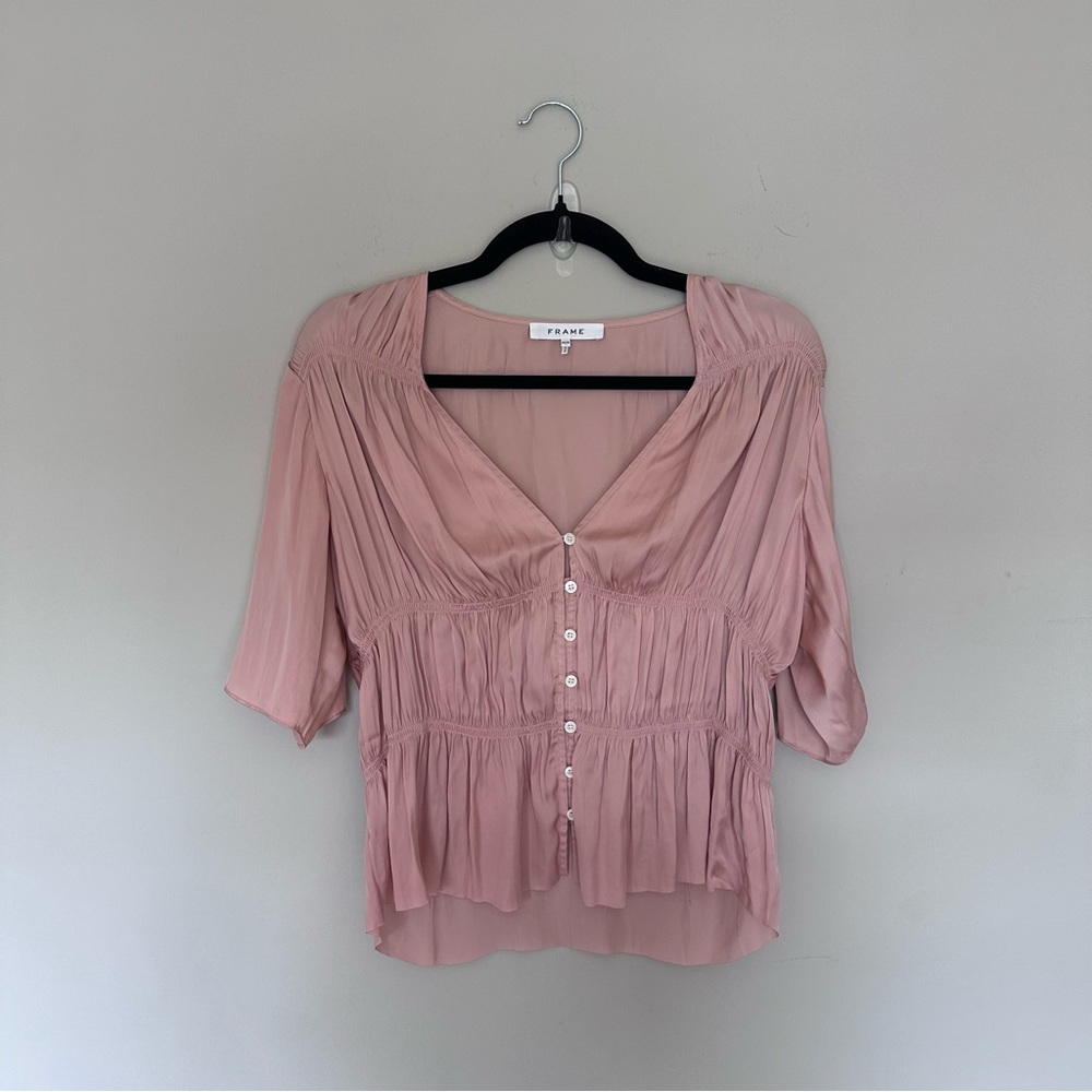 Frame Denim Pink Ruffle-Detail Button Front Top